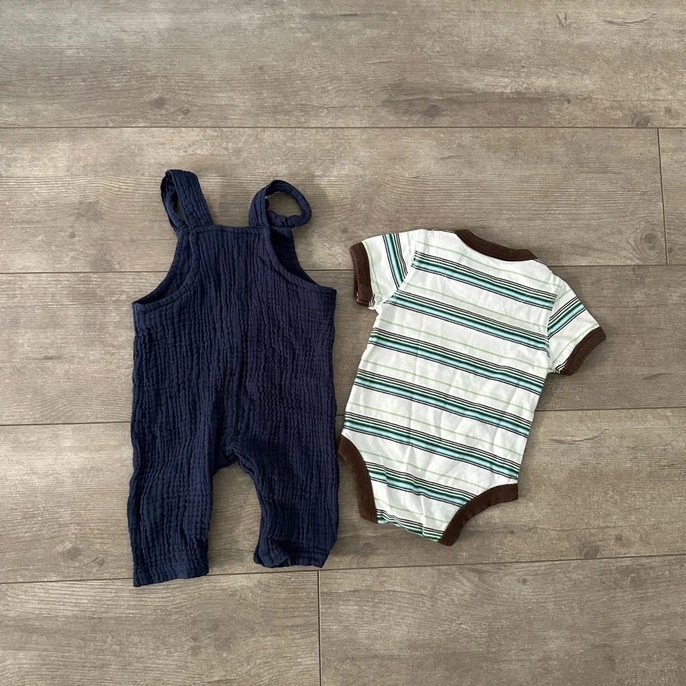Vintage GAP Stripe Bodysuit & Chick Pea Overalls Baby Boy Matching Outfit 0-3 M